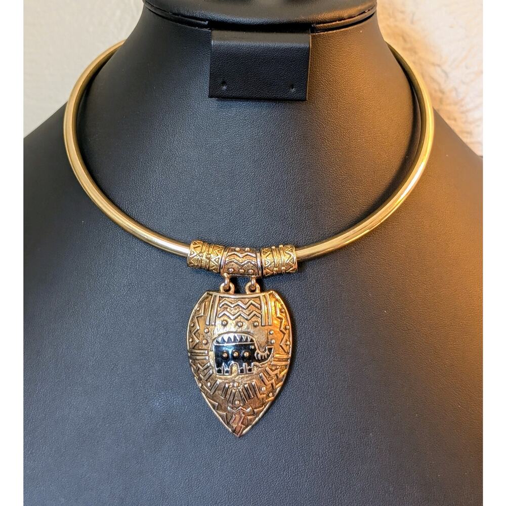 Gold Tone Indian Elephant Torque Pendant Collar Necklace